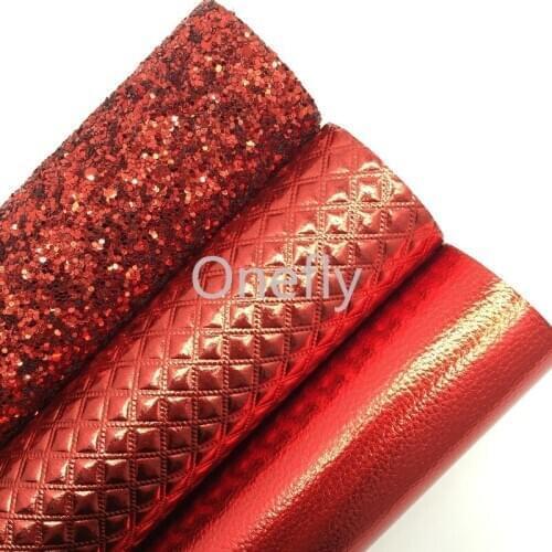 Onefly RED Chunky Glitter Leather, Plaids Faux Leather Glitter Fabric Sheets For Bow DIY handbags shoes AQ002