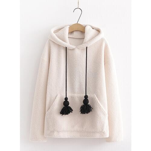 2020 Autumn Women Student Tassel Lace Safety Tips Embroidery Sweet Style Cotton Hooded Harajuku Hoodies Sweatshirts 099458