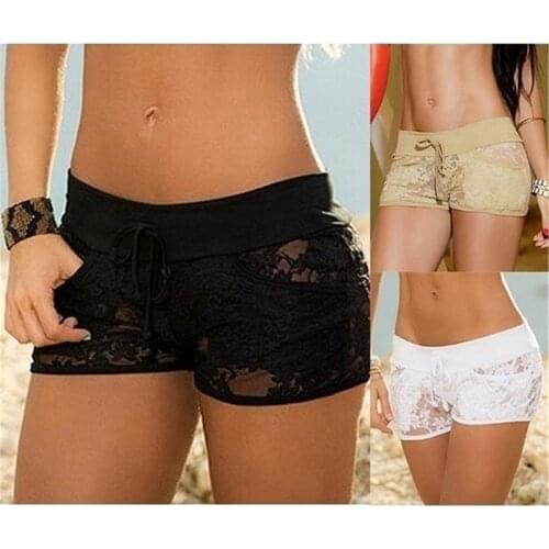 2021 New Woman Safety Short Pants Transparent Lace Hollow Summer Women Short Pants Solid Color Black Low Waist Sexy Short Pants