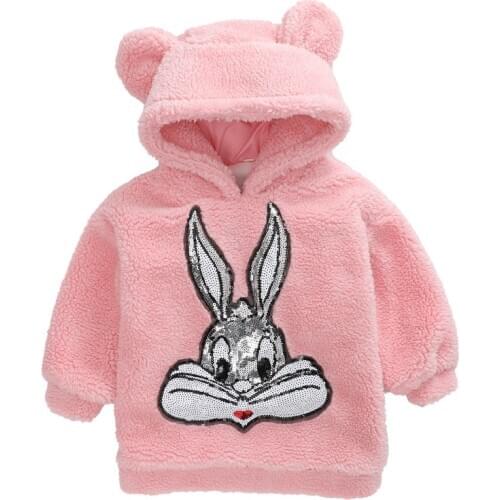 Girl cartoon hooded sweater Girl autumn and winter long plus fleece sweater Girl plus velvet cold warm sweater