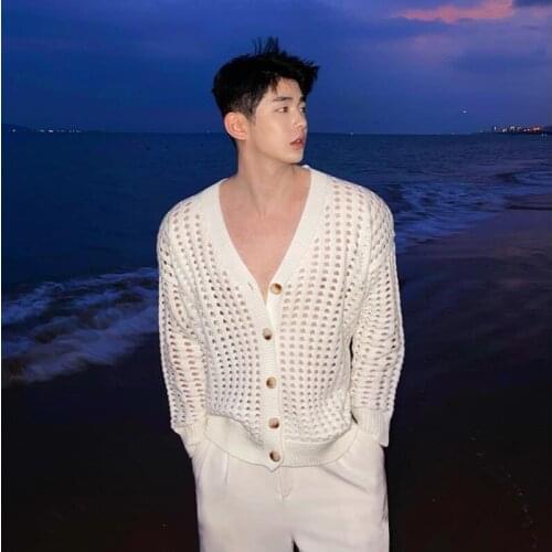 Sweater Ins Spring and Summer Personality V-neck Hollow Knitted Cardigan Cool Male and Female Personality Coat Street Shooting