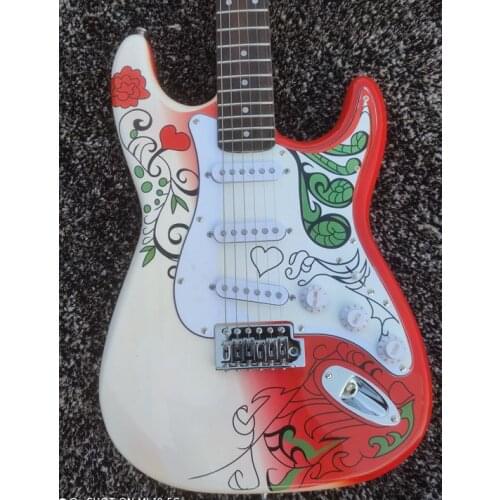 High quality red and white flower veneer st electric guitar, panel green custom guitar, free transportation