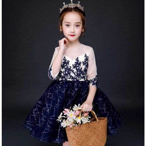High-end Sequin Girls Wedding Party Flower Girl Dress Formal Clothes Princess Gowns Teen Girl Blue Tulle Evening Dresses