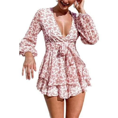 Xingqing Fashion Women French Dress Female Temperament V-neck Long-sleeved Chiffon Floral Dresses Mini Dress For Female Clothes