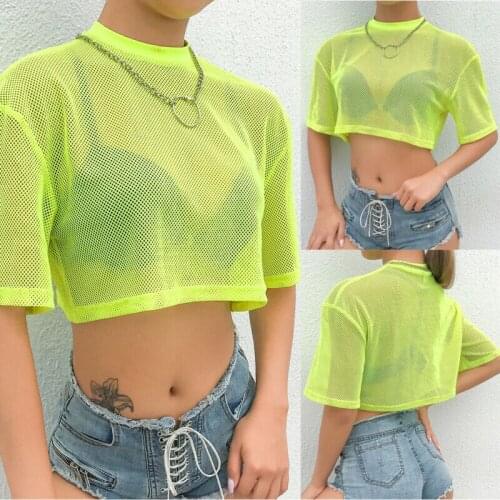 Women Summer See-through Crop T-Shirts Top Clubwear Casual Short Loose Shirt T-shirt Tees