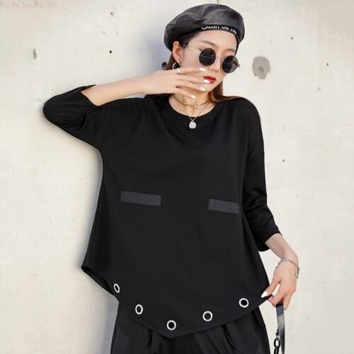 Women Loose Black Punk Eyelet T Shirt 2021 Summer Lady Three-quarter Sleeve O Neck Gothic Hip-hop Cool Streetwear Hipster Top