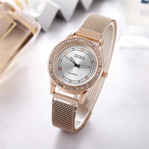 Women Luxury Shining Crystal Fashion DQG Watches Gold Stainless Steel Mesh Strap Quartz Watch Magnet Buckle Ladies Wristwatches