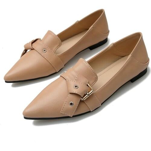 Women Slip on Loafers 2020 Spring New Lady Leather Shoes Pointed Toe Buckle Flat Heel Waterproof Soft Sole Anti-slip 33-43 Plus