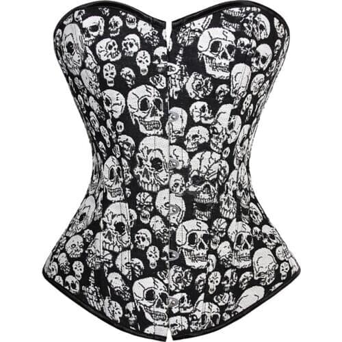 Womens Gothic Punk Skull Printed Boned Lace up Overbust Corset Bustier Lingerie Top Plus Size S-6XL
