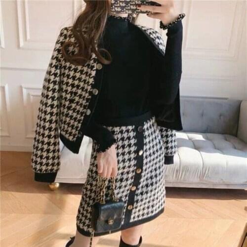 Vintage Houndstooth Skirt Suits Women Patchwork Buttons V-neck Single Breasted Jacket Coat + Mini Skirts Two Piece Sets Outfits