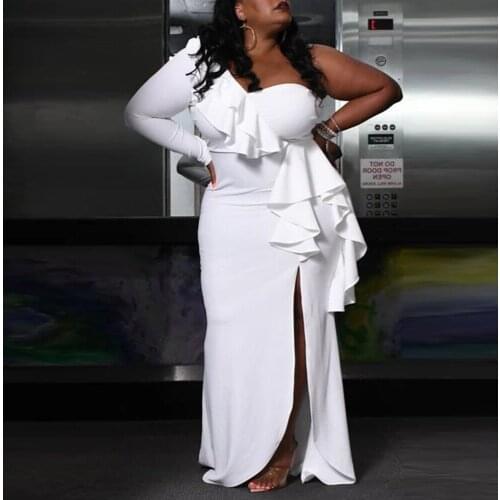4XL 5XL Plus Size White Dresses for Womens Bodycon Ruffles One Shoulder High Split Elegant Evening Night Party Long Vestidos Hot