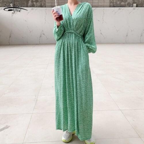 2021 Summer Print Women Dresses Korean Chic Puff Long Sleeve Floral Dress V-neck Midi Long Dress Double Pocket Vestidos 15234