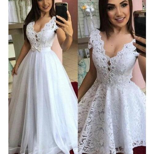 EJUE SHUNG White Lace Pearls Detachable Train Wedding Dresses Cap sleeves 2 in 1 Removable Skirt Bridal Dresses Vestido De Novia