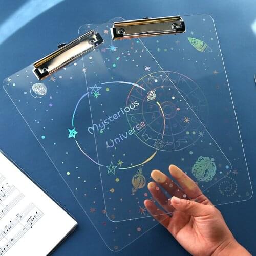 Starry Sky Series Writing Board Clip Kids Stationery A4 Paper Acrylic Pad Splint Transparent Feather Clipboard School Supplies