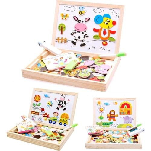 100+Pcs Wooden Toys Wooden Magnetic Puzzle Toys Educational Children 3D Animals Puzzle Game Figure 5 Styles Baby Gift Sticker
