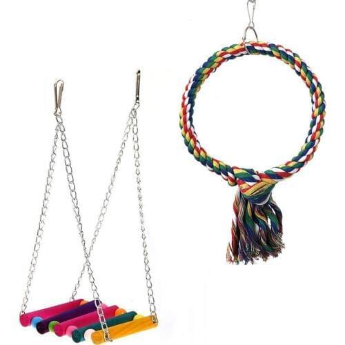 2Pcs Bird Wooden Hammock Hanging Toy Cotton Rope Ring Swing Perch for Parrot Parakeet Cockatiel Conure Cockatoo
