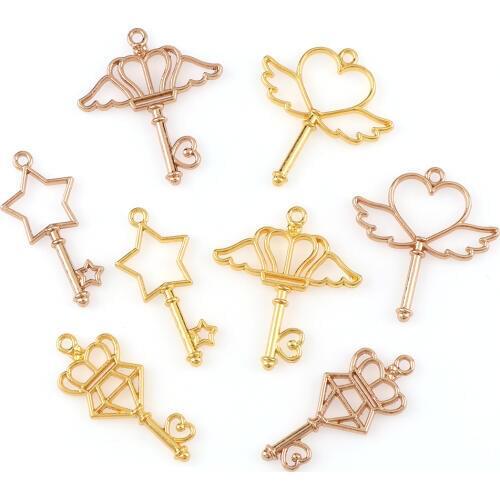 4pc/set Key Heart Angel Star Mix Metal Hollow UV Resin Charm Frame Pendant Gold Charm Bezel Setting Cabochon Setting