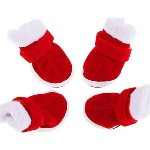 4Pcs Cute Pet Shoes Winter Cotton Puppy Pet Dog Cat Red Shoes Xmas Snow Boots Warm Soft Cozy Cotton Boots Shoes Christmas Day