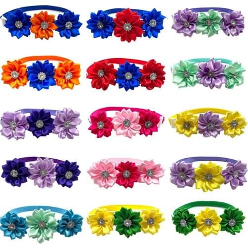 50/100pcs Pet Dog Flower Collars with Rhinestone Dog Bow Ties Small Dog Cat Bowtie Middle Dog Grooming Accessories Pet Supplies