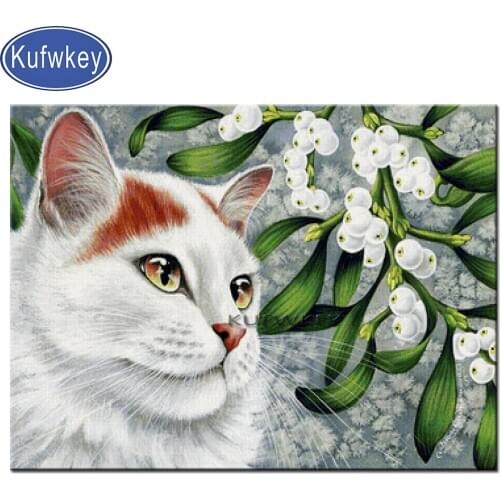 Big eyes white cat diamond painting full square round drill animal flower pattern needlework diamond embroidery handmade gift