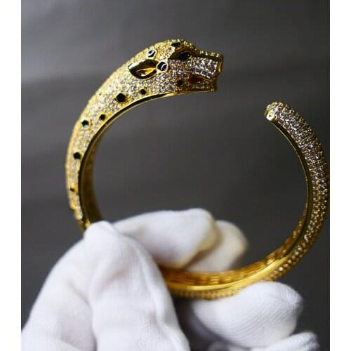 Black spot Leopard cuff bangle bracelet Full 3A+ Cubic Zirconia Stone paved Animal Panther designer copper jewelry for Women