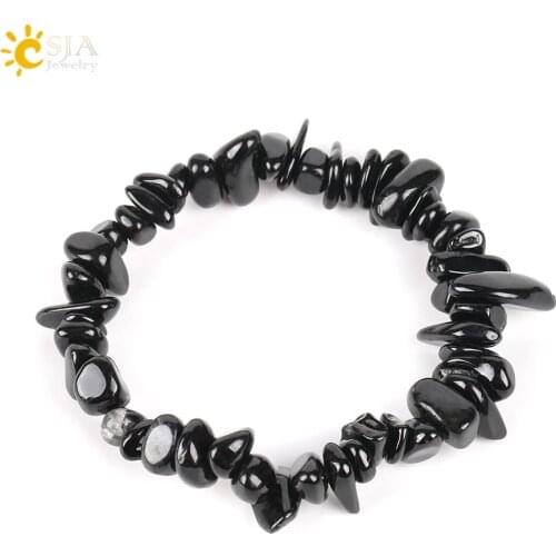 CSJA Natural Gem Stone Chip Beads Chakra Black Tourmaline Bracelets for Women Small Size Reiki Healing Meditation Aura Gift E705