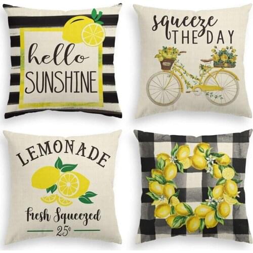 Hello Sunshine Throw Pillow Cover, Buffalo Plaid Lemon Wreath Bicycle Squeeze the Day Cushion Case for Sofa Couch