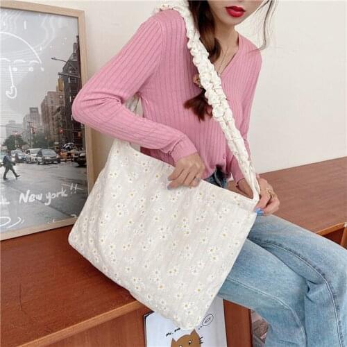 Women Canvas Shoulder Bags Embossed Daisy Design Ladies Floral Handbag Casual Tote Literary Books Bag Shopping Bag For Girls