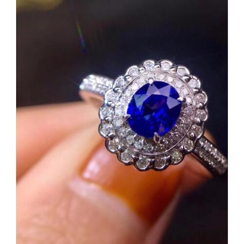 Fine Jewelry Real 18K White Gold 100% Natural 0.7ct Blue Sapphire Gemstone 18k Gold Diamonds Stone Female Ring for Women Rings