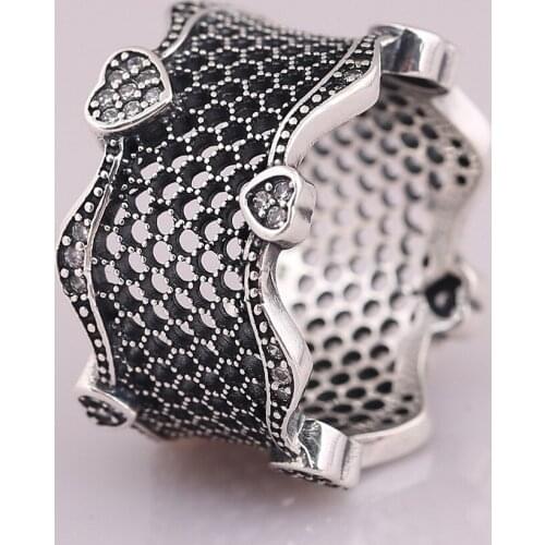 Authentic S925 Openwork Lace Of Love With Crystal Ring For Women Wedding Party Gift fit Lady Fine Jewelry