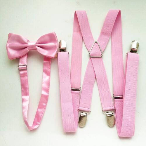 Light Pink Women Mens Supenders Bowtie Sets High Elastic Strap Strong 4 clips-on suspender bow tie set for Adult boys LB002
