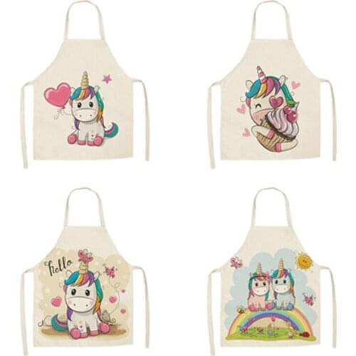 Parent-child Kitchen Apron Cartoon Rainbow Unicorn Printed Sleeveless Cotton Linen Aprons for Men Women Home Cleaning Tools