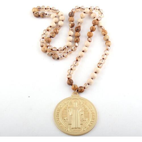 MOODPC Fashion Bohemian Tribal Jewelry Natural Stones and Glass Long Knotted Crystal Big Disco Metal Pendant Necklaces