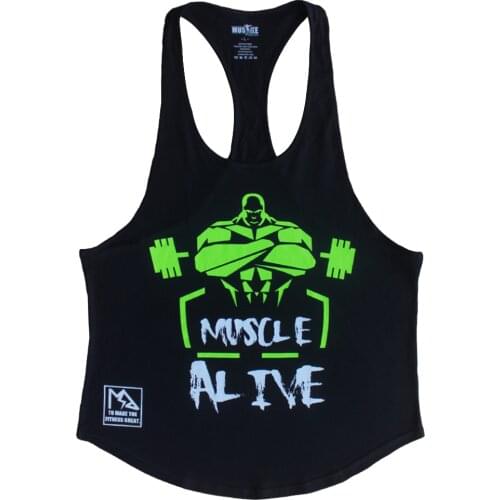 MUSCLE ALIVE Mens Bodybuilding T-shirts Fitness Training Exercise Clothing Gym Tshirt Sports Cotton Sleeveless Tops Male Man