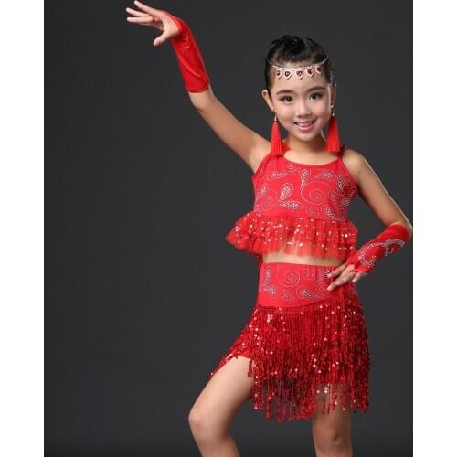 Latin Competition Dress for Girls Ballroom Dance Children Top Sequin Fringe Diamond Tassel Dress Kids Latin Samba Chacha Tango