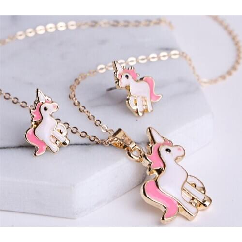 Pink Horse Unicorn Jewelry Sets Women Girl Animal Unicorn Decoration Earrings Necklaces Wedding Accessories