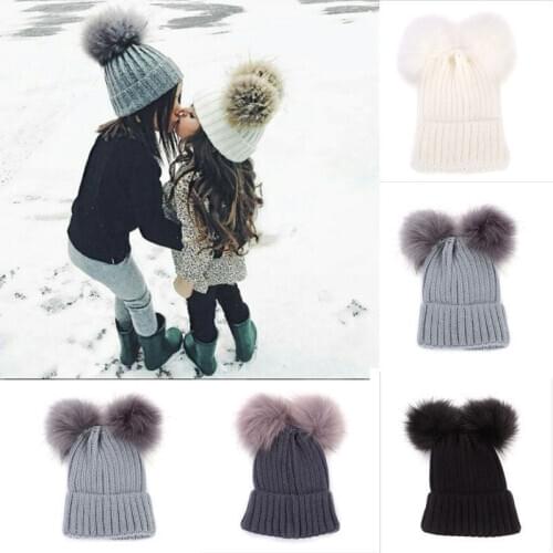 Baby Boys Girls Soft Crochet Hat Winter Warm Double Fur Pom Bobble Knit Hat Baby Accessories Beanie Hat Cap