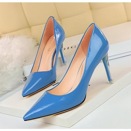 BIGTREE womens pumps classic high heels transparent crystal heel patent leather shallow mouth pointed sexy womens single shoes