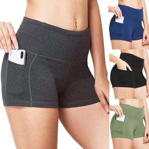 40# Women High Waist Yoga Shorts Side Cell Phone Pockets Sports Shorts Solid Color Leggings Short Femme Yoga Sport Leggings