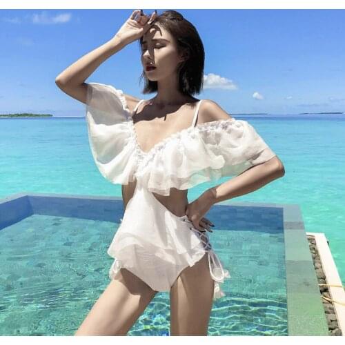 Womens Swimsuit White Bikini Mesh Ruffles Swimwear Sexy Fairy One Piece Swimsuit Seaside Separate Swimsuit Feminine Bikinis