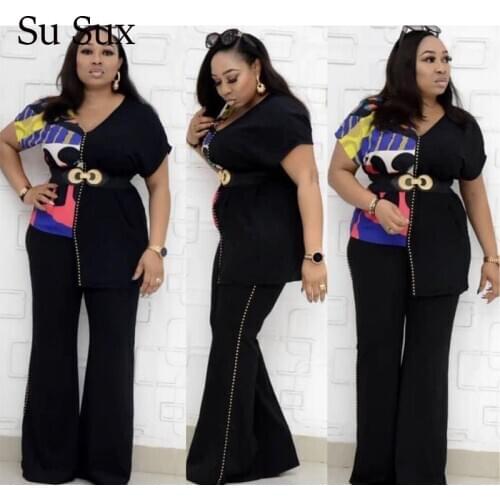Vintage Two Piece Set Women Outfits Wide Leg Set V-Neck Sequins Top&Long Pants Set Print Tracksuit Vestidos 2020 Summer