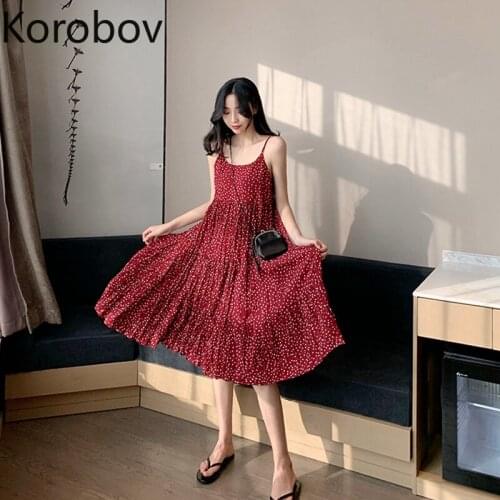 Korobov 2021 Summer New Women Polka Dot Dress Vintage Chiffon Beach Style Dresses Korean Basics Slim Vestidos Femme