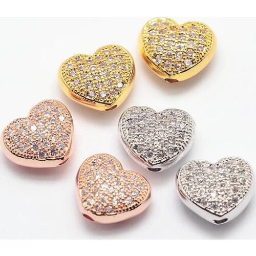 20pcs Heart Brass Micro Pave Cubic Zirconia Charm Metal Rhinestone Beads for Jewelry Making DIY Bracelet Necklace 8x9x5mm