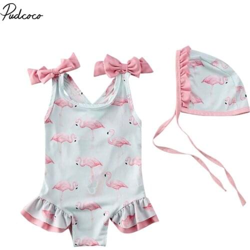2020 1-6Y Baby Girls Swimsuit with Hat Toddler Kids Summer Flamingo Bow Swimming Costume Beach Holiday Bathing Suit Tankini