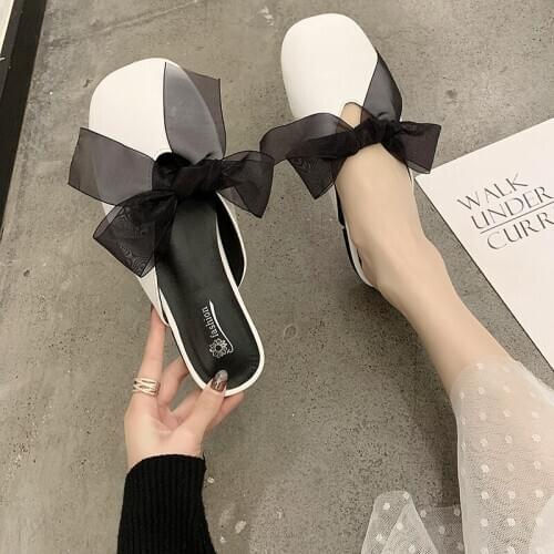 2020 spring new ladies slippers outside Half drag low heel soft skin-friendly non-slip sweet bow elegant womens shoes U30-33