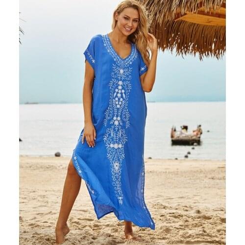 2021 Summer Womens Long Dress Embroidered Robe-style Beach Sunscreen Shirt Seaside Vacation One-piece Dress Bikini Outer Cover