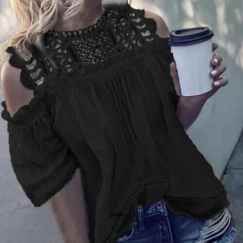 White Lace Spliced Hollow Out O neck Ruffles Elegant Blouse Off Shoulder Half Sleeve Pleated Loose Casual Shirt Women Tops Solid