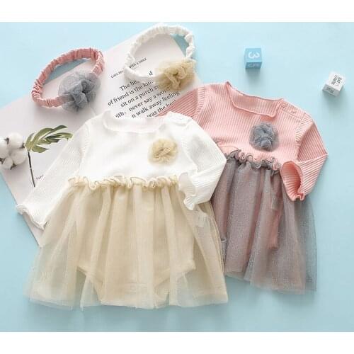 FOCUSNORM Infant Baby Girls Romper Dress Headband 2pcs Outfits 0-18M Long Sleeve Ruffled Lace Patchwork Flowers Jumpsuits