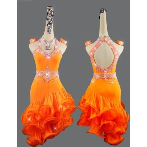Customized New Orange Latin Dance Dress Fishbone Skirt Dance Performance Competition Dress Lady Sexy Backless Show Dress