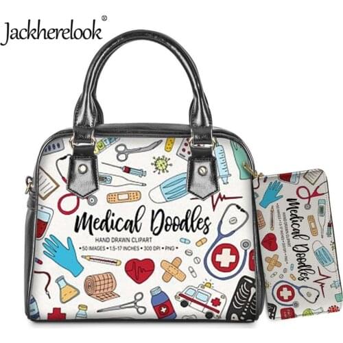 Jackherelook Nurse/Doctor PU Handbag Clutch Wallet 2pcs/Set Female Tote Bag Medical Doodle Pattern Crossbody Bag for Lady bolso